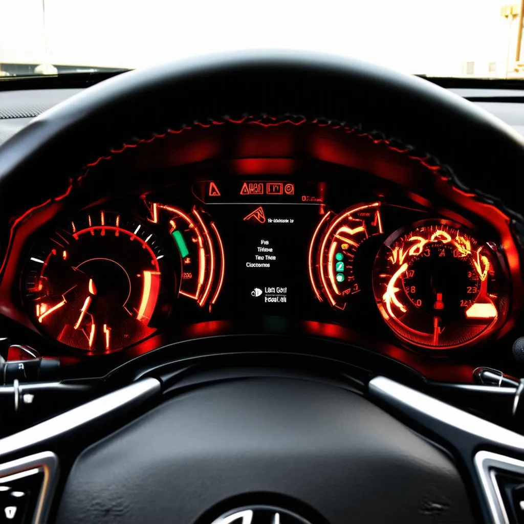 Modern car dashboard with glowing warning lights